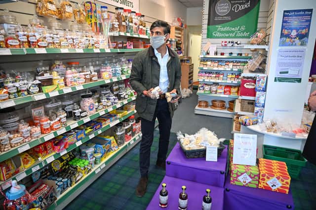 Chancellor of the Exchequer Rishi Sunak visits the Wee Scottish Shop during a visit to Rothesay on the Isle of Bute, Scotland.  PA Photo. Picture: Jeff J Mitchell/PA Wire