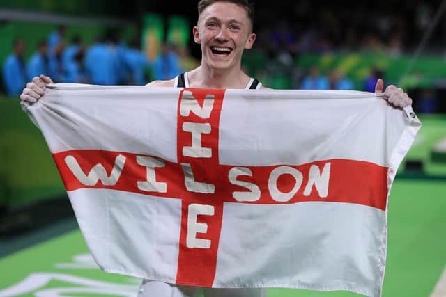 Nile Wilson celebrates winning a gold medal in the Men's Individual All-Round Final at the Coomera Indoor Sports Centre during day three of the 2018 Commonwealth Games in the Gold Coast, Australia (photo: Mike Egerton / PA Wire).