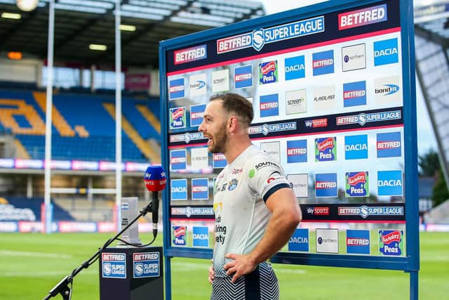 Leeds Rhinos' Luke Gale speaks to Sky Sports after his Golden Point exploits in win over Huddersfield Giants at Emerald Headingley Stadium (Alex Whitehead/SWpix.com)