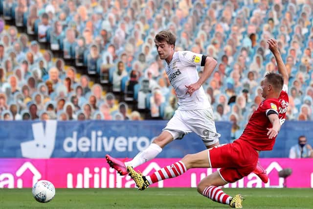 Leeds United's Patrick Bamford misses a chance from close range during the Sky Bet Championship match at Elland Road, Leeds. PA Photo. Issue date: Thursday July 16, 2020. See PA story SOCCER Leeds. Photo credit should read: Martin Rickett/PA Wire. RESTRICTIONS: EDITORIAL USE ONLY No use with unauthorised audio, video, data, fixture lists, club/league logos or "live" services. Online in-match use limited to 120 images, no video emulation. No use in betting, games or single club/league/player publications.