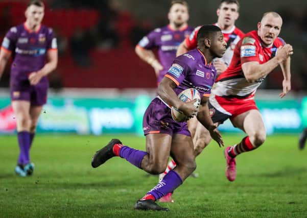 Picture by Alex Whitehead/SWpix.com - 14/02/2020 - Rugby League - Betfred Super League - Salford Red Devils v Huddersfield Giants - AJ Bell Stadium, Salford, England - Huddersfield's Jermaine McGillvary in action.