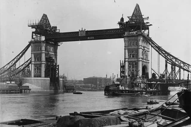 circa 1893:  Tower Bridge during construction.  (Photo by F J Mortimer/Getty Images)