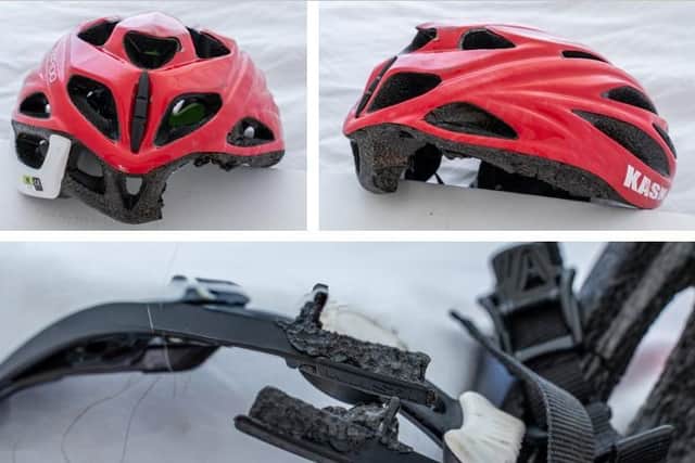 "That could have been my skull": Pictures show the damage caused to Ms Illingworth's cycling helmet