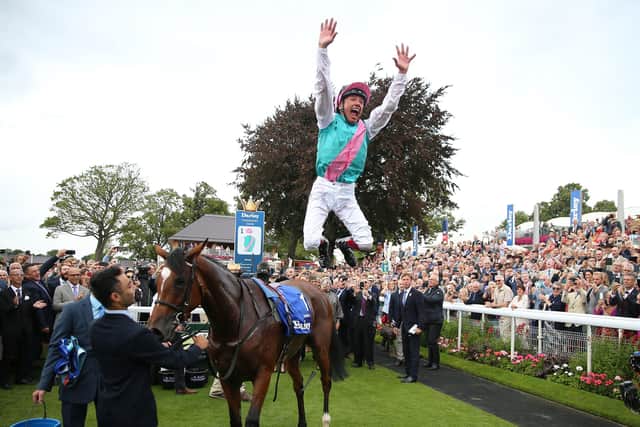Frankie Dettori celebrates after winning The Darley Yorkshire Stakes on Enable during Darley Yorkshire Oaks Day of the Yorkshire Ebor Festival at York Racecourse. PRESS ASSOCIATION Photo. Picture date: Thursday August 22, 2019. See PA story RACING York. Photo credit should read: Nigel French/PA Wire