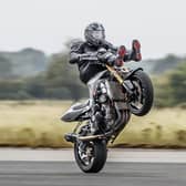 Jonny Davies attempting a new world record for the fastest motorbike handlebar wheelie during the Motorcycle Wheelie World Championship Picture: Danny Lawson/PA Wire