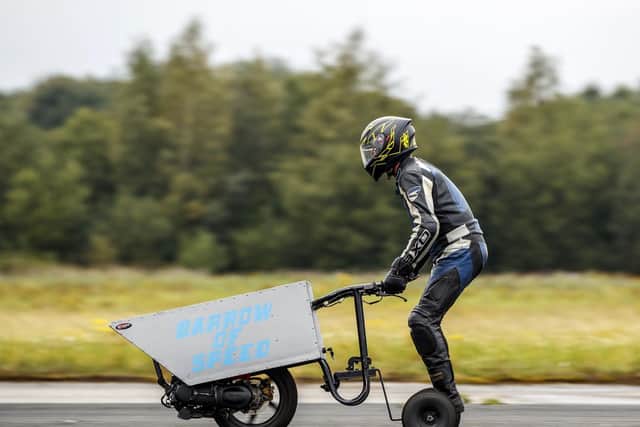 The creator of the world's fastest shed has claimed a new record for the fastest time on a motorised wheelbarrow Picture: Danny Lawson/PA Wire