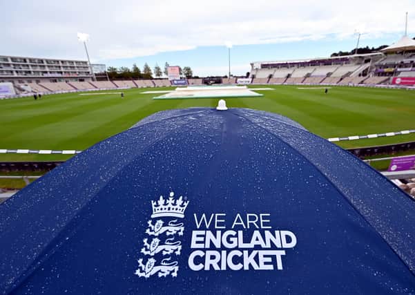 An England umbrella in the stands covered in rain as play is abandoned for the day on day four of the Second Test match at the Ageas Bowl, Southampton. (Picture: PA)