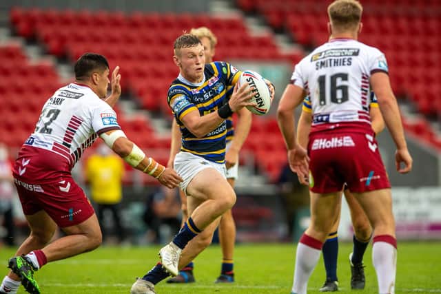 Harry Newman on the attack for Leeds Rhinos.  Picture Bruce Rollinson