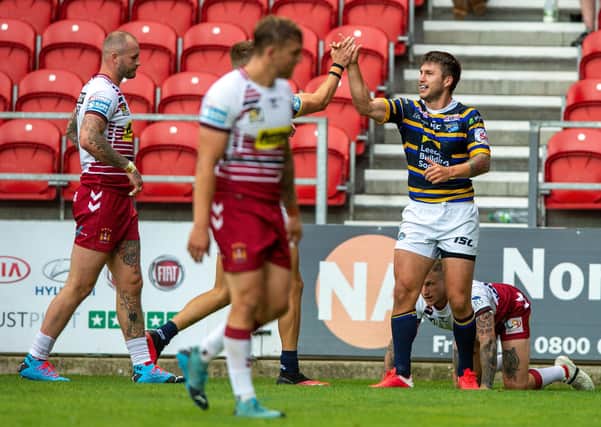 Tom Briscoe scores the Rhinos' first try.  Picture Bruce Rollinson