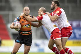 Not there please: Liam Watts of Castleford Tigers in action against St Helens on Sunday, before being involved in a ‘foul play’ altercation with Saints’ Tommy Makinson. (Picture: Isabel Pearce/SWPix.com)