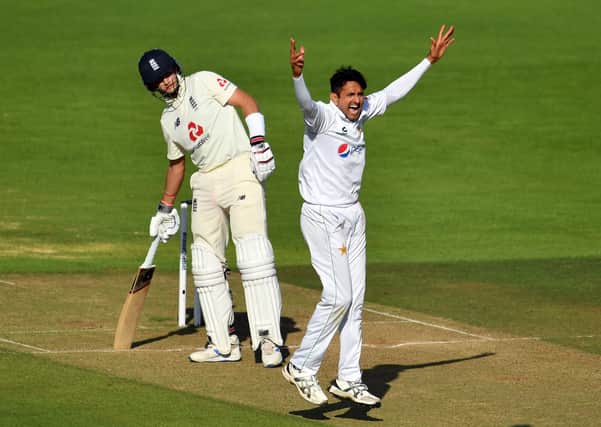 Pakistan's Mohammad Abbas appeals unsuccessfully for the wicket of England's Joe Root.