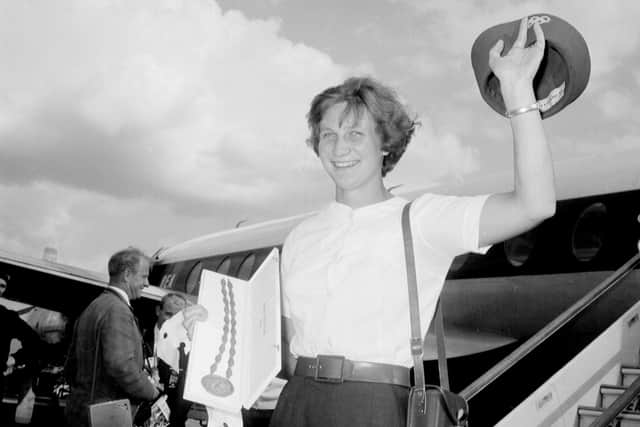 Anita Lonsbroigh return to Britain in triumph following her gold medal success at the 1960 Rome Olympics.