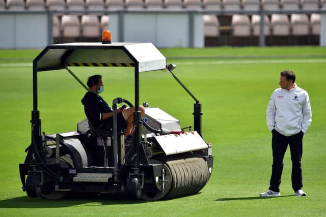 Umpire Richard Kettleborough speaks to the ground staff at the Ageas Bowl. Picture: Glyn Kirk/NMC Pool/PA Wire.