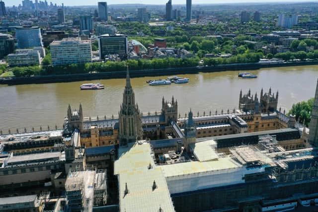 An aerial view of central London showing the the House of Lords and the Victoria Tower at the Palace of Westminster, Old Palace Yard and Abingdon Street, Abingdon Street Gardens and Jewel Tower, Great College Street at the junction with Millbank with Victoria Tower Gardens running alongside it leading up to Lambeth Bridge, and the River Thames, and on the south side (top): St Thomas' Hospital, and the Evelina London Children's Hospital, Archbishop's Park and Lambeth Palace. Photo: PA