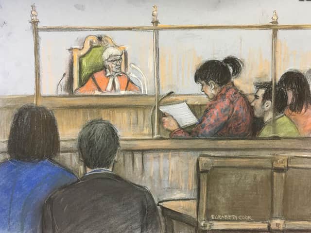 Court artist sketch by Elizabeth Cook of Lisa Rutherford, mother of 17-year-old Chloe Rutherford reading her victim statement at the Old Bailey