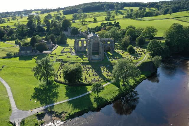 An aerial view of Bolton Priory in the Yorkshire Dales.