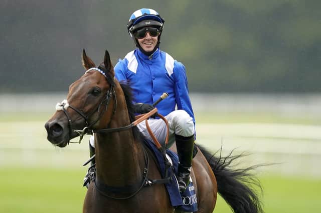 A smiling Jim Crowley immediately after Battaash won the Coolmore Nunthorpe Stakes.
