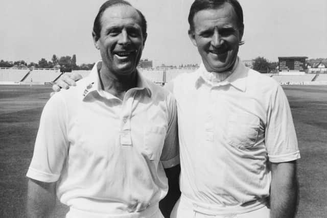 Sharing a joke before the start of a Yorkshire v Warwickshire match are 'old pals' Geoff Boycott and Dennis Amiss.