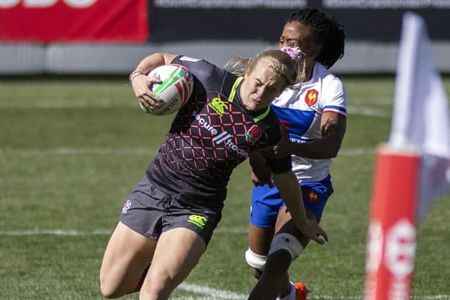 England's Abigail Burton is tackled by France's Julie Annery during the HSBC USA Women's Sevens tournament at Infinity Park on Sunday, October 21, 2018 in Glendale, Colorado. (Picture: Getty Images)