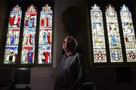 Pictured, David Tichener picture by one of the stain glass windows to be repaired by the National Lottery Heritage fund at All Saints Church, North Street York..23rd August 2020..Photo credit: Simon Hulme/ JPIMediaResell