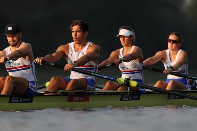 Great Britain's Oliver Stanhope, James C. Fox, Giedre Rakauskaite, and Ellen Buttrick in action at the 2019 World Rowing Championships. (Photo by Naomi Baker/Getty Images)