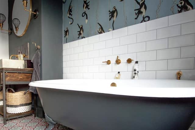 The feature wall in the bathroom is Troop by House of Hackney