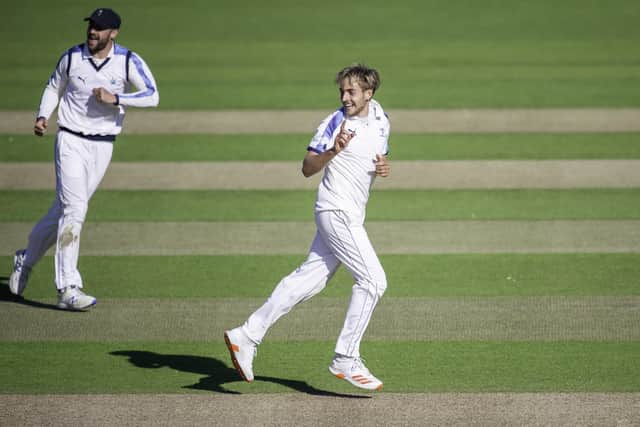 Yorkshire's Jared Warner celebrates dismissing Josh Bohannon, his first first-class wicket for the county. Picture by Allan McKenzie/SWpix.com
