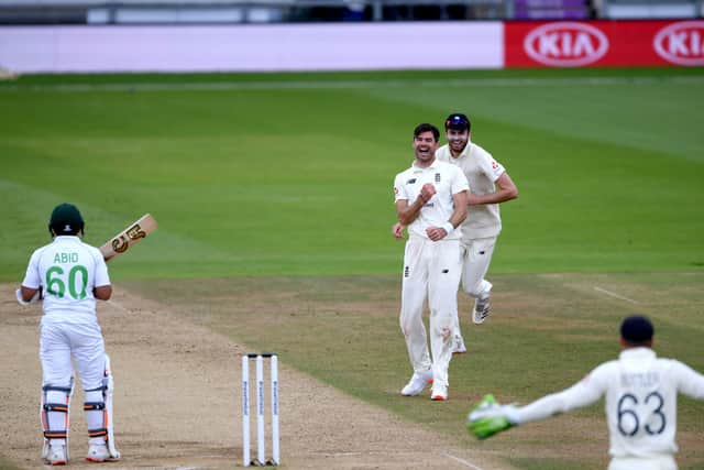 England's James Anderson (centre) celebrates taking the wicket of Pakistan's Abid Ali at the Ageas Bowl. Picture: Mike Hewitt/NMC Pool/PA