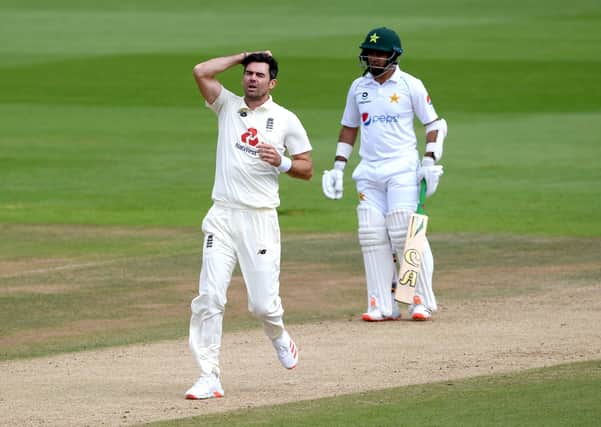 England's James Anderson (left) reacts after teammate Jos Buttler drops a catch to dismiss Pakistan's Shan Masood during day four at the Ageas Bowl. Picture: Mike Hewitt/NMC Pool/PA