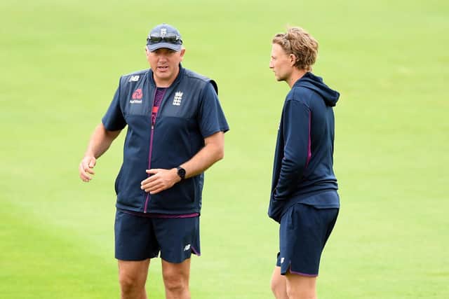 England head coach Chris Silverwood (left) and Joe Root. Picture: Mike Hewitt/NMC Pool/PA