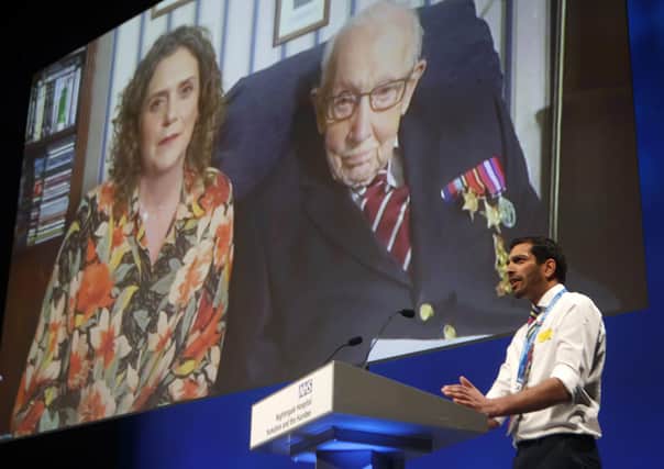 This was Captyain Sir Tom Moore appearing via video-link at the opening of the Nightingale Hospital in Harrogate.