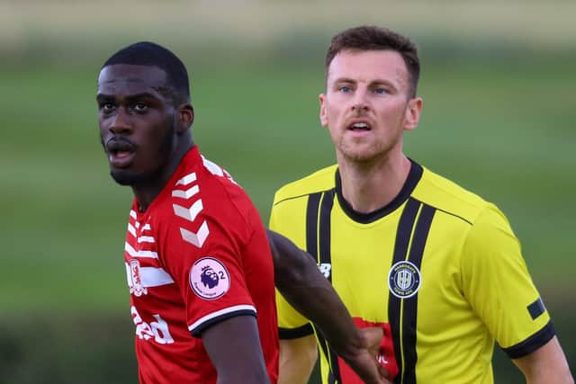 New Harrogate Town recruit Jake Lawlor in pre-season action against Middlesbrough Under-23s. Picture: Matt Kirkham
