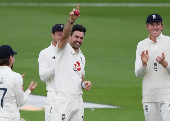 Milestone:  James Anderson after taking the wicket of Azhar Ali of Pakistan to reach 600 Test match victims. Picture: Mike Hewitt/Getty Images