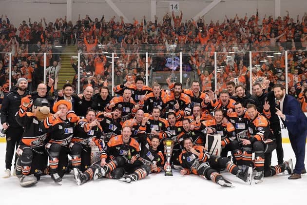 Sheffield Steelers' players and staff celebrate winning the Challenge Cup Final against Cardiff Devils in March. Picture: EIHL.