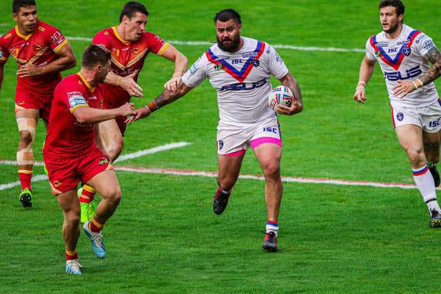 Wakefield Trinity's David Fifita in action against Catalans Dragons in Super League, the game where he did not wear a GPS vest. (Alex Whitehead/SWpix.com)