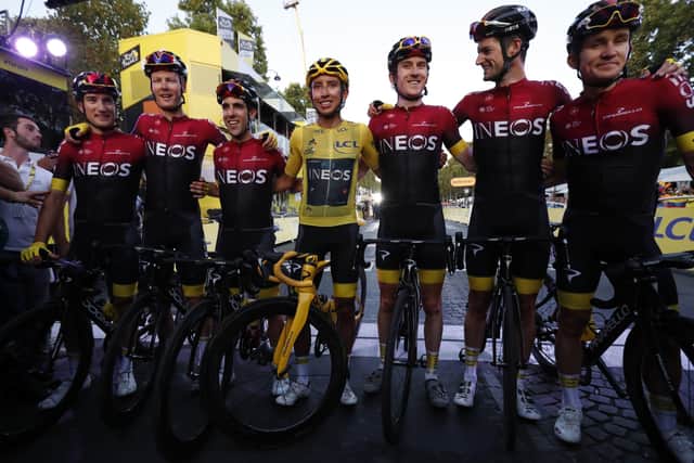 TEAMWORK: Team Ineos team riders with 2019 Tour de France winner Colombia's Egan Bernal. Picture: AP/Thibault Camus