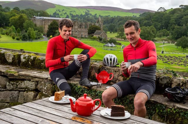 Olympians Jonny and Alistair Brownlee enjoy a cup of Yorkshire Tea at the Tea Cottage in Bolton Abbey to help promote an initiative aimed at helping cafes.
Picture: Bruce Rollinson