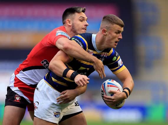 Niall Evalds tackles Ash Handley during Salford's loss to Leeds Rhinos on Saturday. Picture by Mike Egerton/PA Wire.