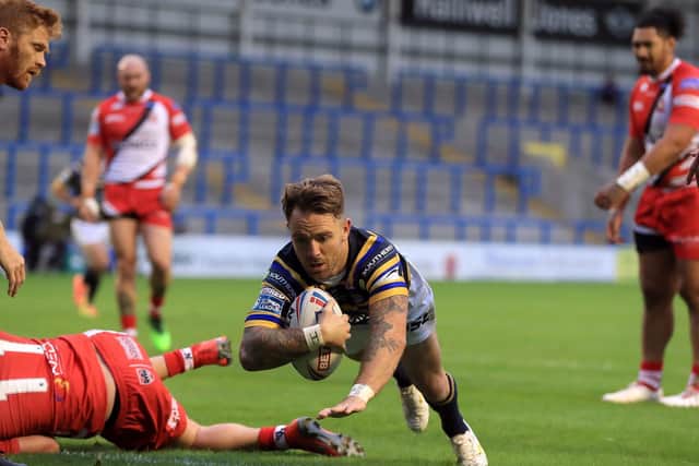 Richie Myler goes over for Leeds' second try. Picture by Mike Egerton/PA Wire