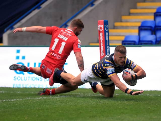 Ash Handley scores Rhinos' first try. Picture by Mike Egerton/PA Wire.