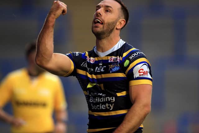 Leeds captain Luke Gale celebrates scoring against Salford. Picture by Mike Egerton/PA Wire.