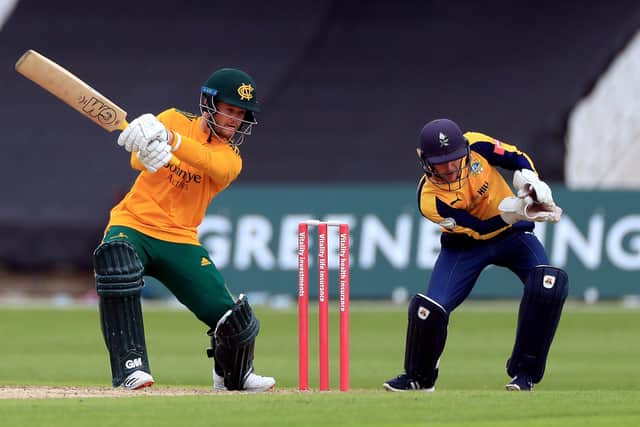 Notts Outlaws' Ben Duckett, drives through the covers on his way to an unbeaten 86 at Trent Bridge. Picture: Mike Egerton/PA