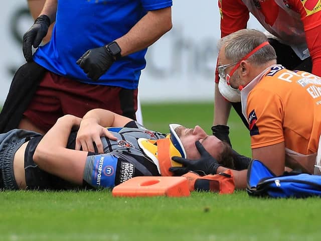 WORRYING TIME: Castleford Tigers' James Clare receives treatment after sustaining a neck injury on Saturday. Picture: Mike Egerton/PAA