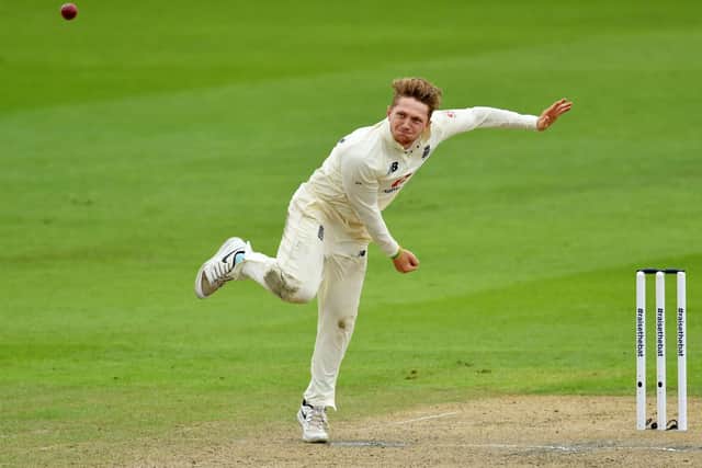 England's Dom Bess bowling during day two of the First Test match at the Emirates Old Trafford, Manchester, last month (Picture: PA)
