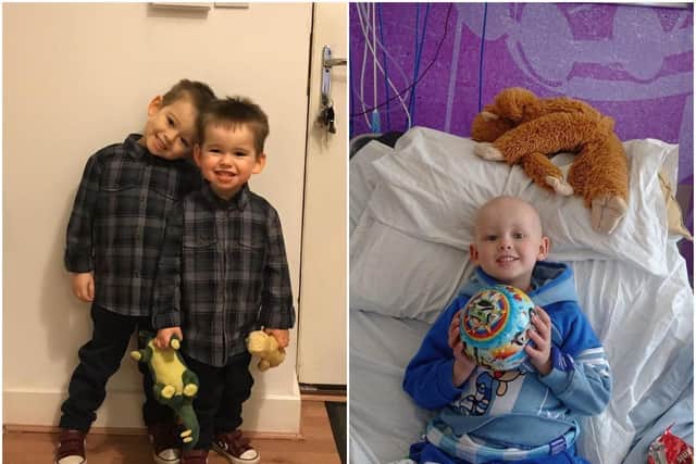 Oliver Stephenson, 4, pictured left with brother Alfie prior to diagnosis and right during treatment at Leeds General Infirmary earlier this year.