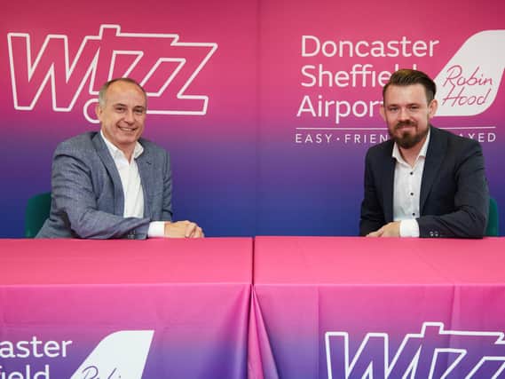 Owain Jones, MD Wizz Air UK and Chris Harcombe, Aviation Development Director, Doncaster Sheffield Airport celebrate the announcement of a second aircraft based at DSA