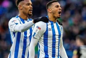 Karlan Grant pictured with fellow Huddersfield Town striker Steve Mounie. Picture Bruce Rollinson