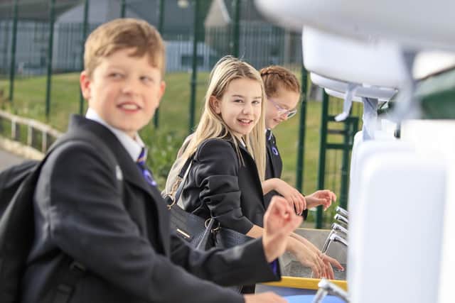 Pupils wash their hands at Outwood Academy Adwick in Doncaster, as schools in England reopen to pupils following the coronavirus lockdown. Photo credit: Danny Lawson/PA