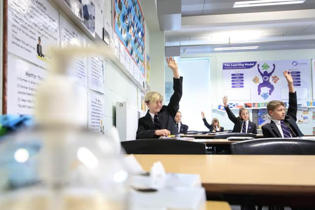 Pupils at Outwood Academy Adwick in Doncaster, as schools in England reopen to pupils following the coronavirus lockdown. Photo credit: Danny Lawson/PA