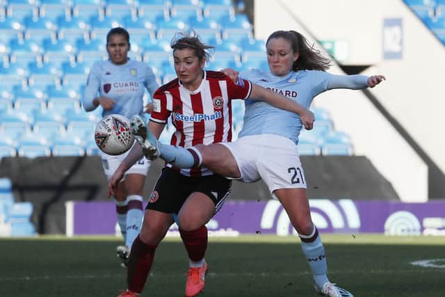 Last year's top two - Maddy Cusack of Sheffield United tackled by Marisa Ewers of Aston Villa (Picture: Simon Bellis/Sportimage)